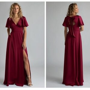 Azazie Burgundy Maxi Dress with V-Neck and Side Slit